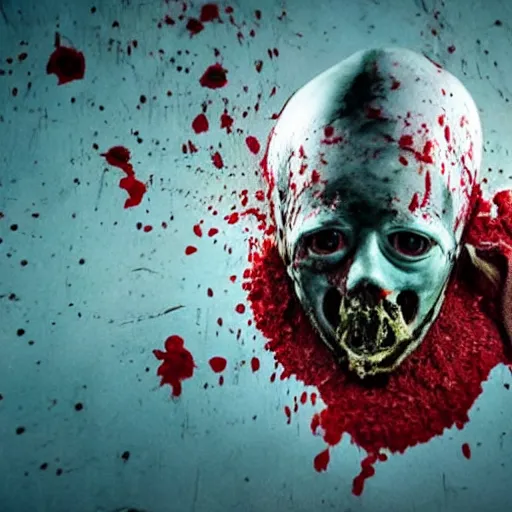 Image similar to filmic dutch angle movie still 4k UHD 35mm film color photograph of a freshly severed head with a pained expression, wearing a surgical mask , head is sideways on the floor soaked in blood, in the style of an extreme grotesque splatter horror movie