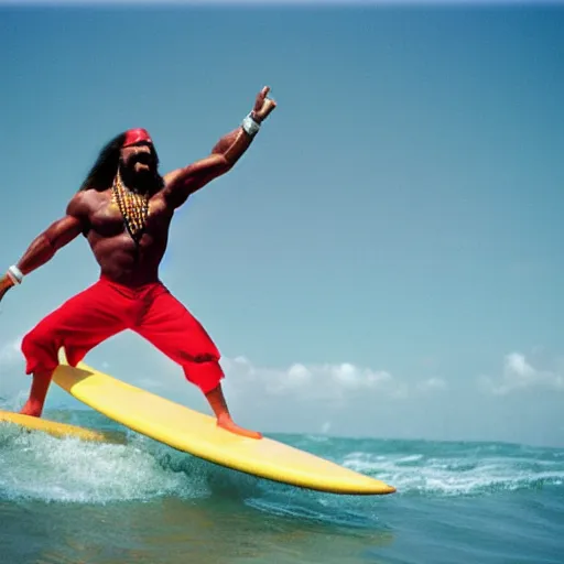 Image similar to macho king randy savage surfing on a dolphin. photo taken with fujinon premista 1 9 - 4 5 mm t 2. 9, portra 8 0 0.