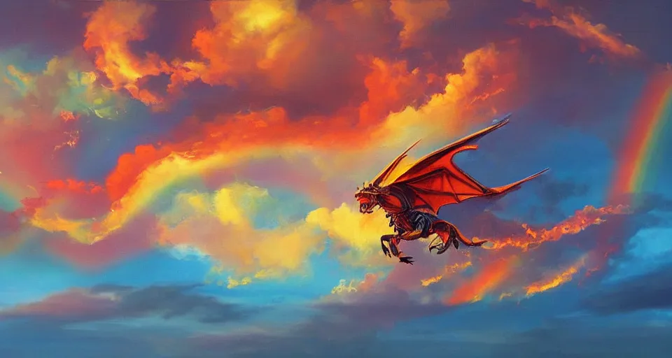 Prompt: a rainbow dragon robot flying through the clouds, sunset, golden hour, dramatic, oil painting, breathing fire
