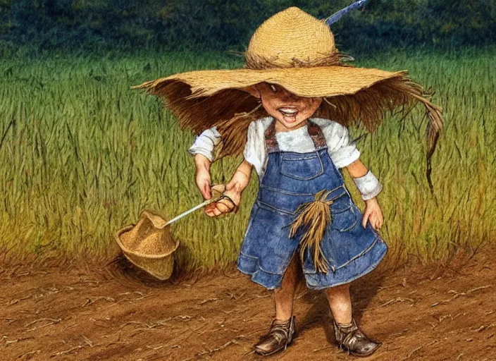 Image similar to a cute young scarecrow with a straw hat in overalls walking on a dirt road next to a large corn field, children's book by tom lovell, ross tran, terry redlin, jean baptiste monge, beatrix potter