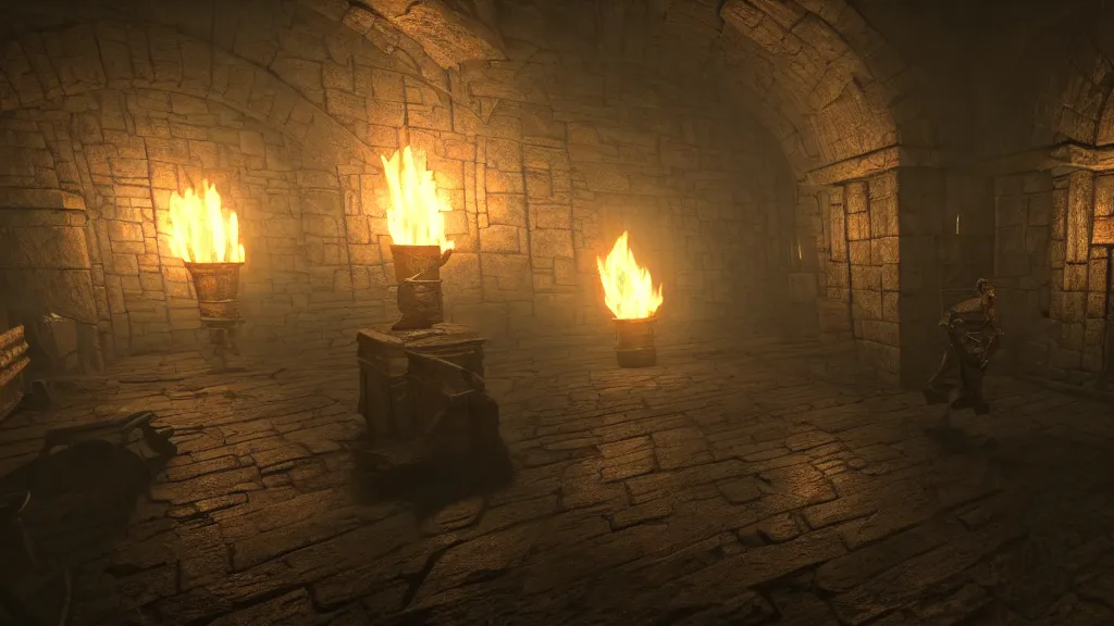 Prompt: delicious torch lit prison dungeon jail cell atmospheric unreal engine hyperreallistic render 8k character concept art masterpiece screenshot from the video game the Elder Scrolls V: Skyrim moody orange 2700K global illumination