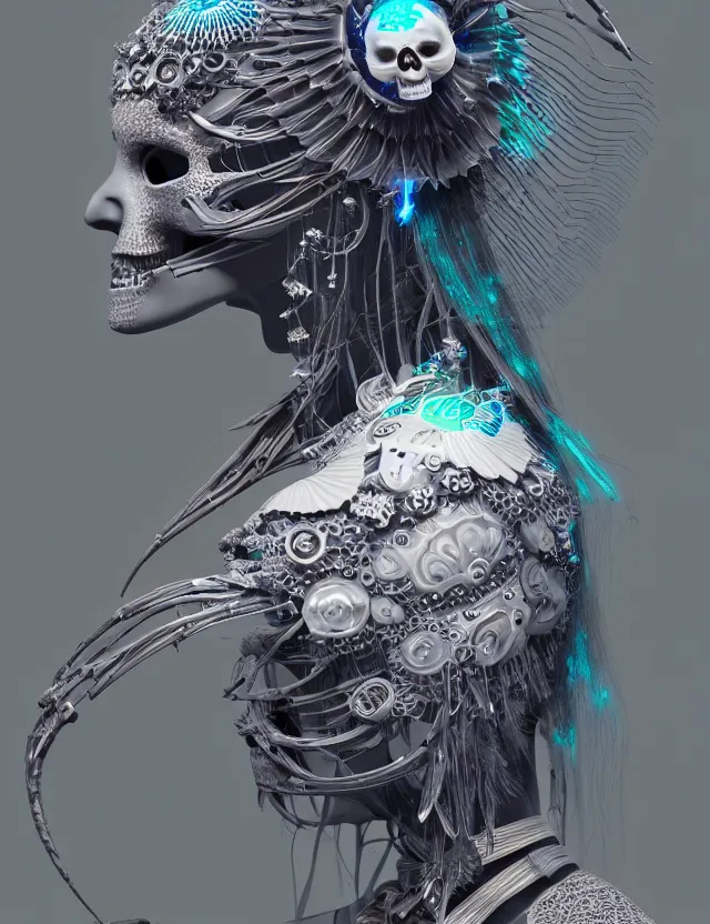 Image similar to 3 d goddess close - up profile simple portrait cybernetic with skull. beautiful intricately detailed japanese crow kitsune mask and clasical japanese kimono. betta fish, jellyfish phoenix, bio luminescent, plasma, ice, water, wind, creature, artwork by tooth wu and wlop and beeple and greg rutkowski