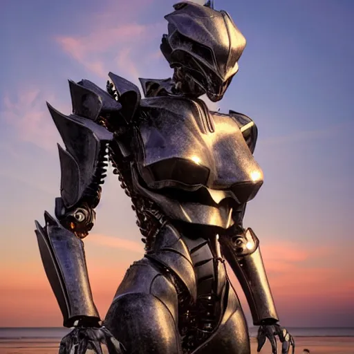 Prompt: cinematic body shot, realistic detailed stunning beautiful armored humanoid anthropomorphic female robot dragon, looking to the side with an elegant pose of hand on hip, smooth and streamlined armor and design made of steel, sharp claws and sharp teeth, high quality head, Slick LEDs, on the beach during sunset, high quality, cinematic art, sci fi, sunset lighting, 3D render, 8k, artstation, deviantart, furaffinity