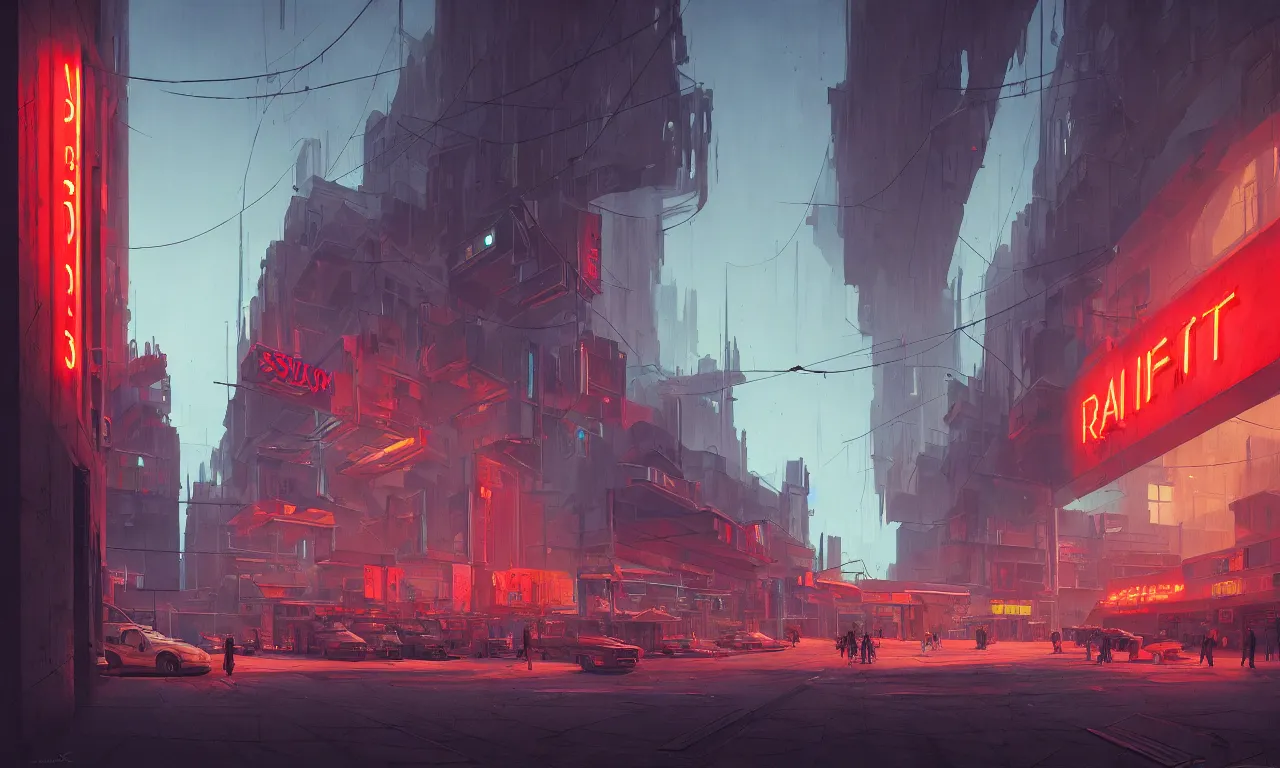 Image similar to brutalist architecture, colorful neon signs, raphael lacoste, eddie mendoza, alex ross, concept art, matte painting, highly detailed, rule of thirds, dynamic lighting, cinematic, detailed, denoised, centered