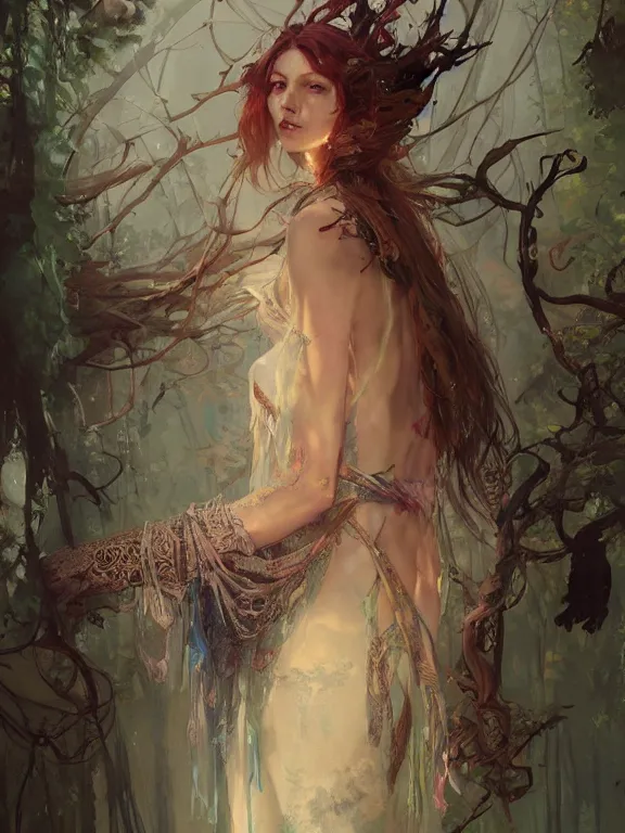 Prompt: Full view Bohemian Maiden Spirit of the woods in a beautiful dress, 4k digital illustration by Ruan Jia and Peter Mohrbacher, art nouveau iconography background, tarot card, stunning portrait, amazing magnificent mystical illustration, award winning art, vivid and vibrant, rim light, intricate details, realistic, full view, Artstation, CGsociety