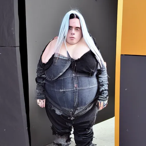 Image similar to morbidly obese billie eilish with torn clothes