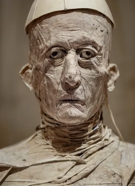 Image similar to mummified pope in his throne at the vatican, desiccated, close - up portrait, mitre, hyper realistic, sharp focus, highly detailed