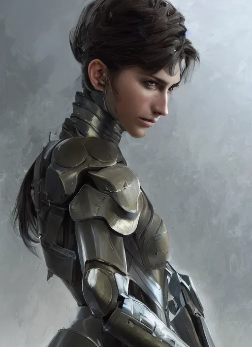 Image similar to a professional painting of a beautiful young female, clothed in military armor, olive skin, long dark hair, beautiful bone structure, symmetrical facial features, intricate, elegant, digital painting, concept art, smooth, sharp focus, illustration, from Metal Gear, by Ruan Jia and Mandy Jurgens and Artgerm and William-Adolphe Bouguerea