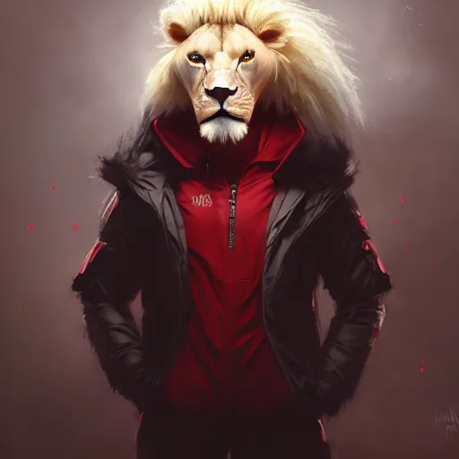 Image similar to commission portrait of a male anthro albino lion wearing a red-black puffer jacket.dramatic,character design by charles bowater,greg rutkowski,ross tran,hyperdetailed,hyperrealistic,4k,deviantart,artstation,professional photography,concept art