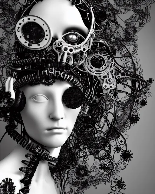 Image similar to black and white dreamy foggy profile face portrait, one steampunk eye biomechanical beautiful young female cyclope - cyborg - robot bust, body ribs meshes,, volumetric light, hibiscus flowers, by hg giger, rim light, by dora maar and cecile beaton, big gothic fashion pearl embroidered collar, 8 k