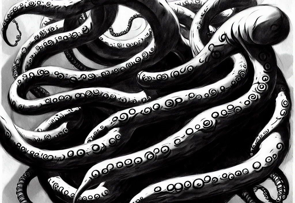 Prompt: underwater tentacle painting spiraling inward by Greg Manchess, Art Directed by Jeremy Jarvis; Deep sea horror; gallery painting; teeth and eyes; black ink; fine line work; epic pencil sketch trending on artstation; Charcoal Tattoo; concept art; epic cinema post landscape illustration