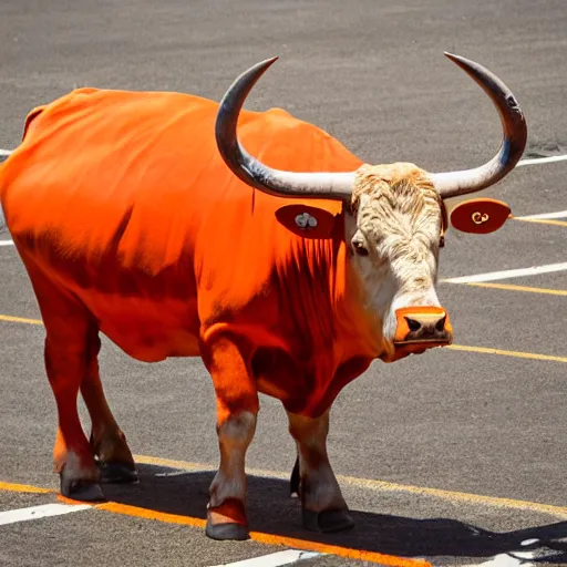 Prompt: bull wearing orange inmate clothes in a bullring