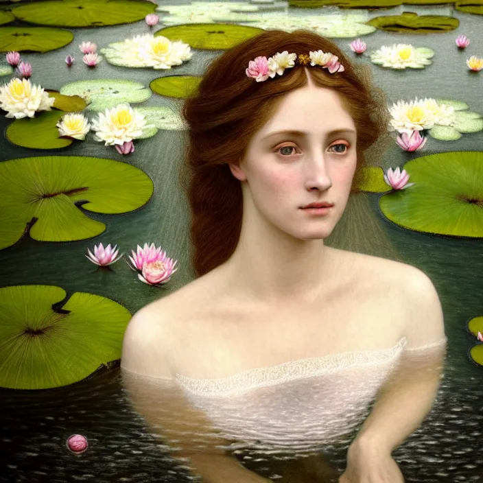 Image similar to Kodak Portra 400, 8K, soft light, volumetric lighting, highly detailed, britt marling style 3/4 ,portrait photo of a beautiful woman how pre-Raphaelites painter, the face emerges from the water of a pond with water lilies, inspired by Ophelia paint , a beautiful lace dress and hair are intricate with highly detailed realistic beautiful flowers , Realistic, Refined, Highly Detailed, natural outdoor soft pastel lighting colors scheme, outdoor fine art photography, Hyper realistic, photo realistic