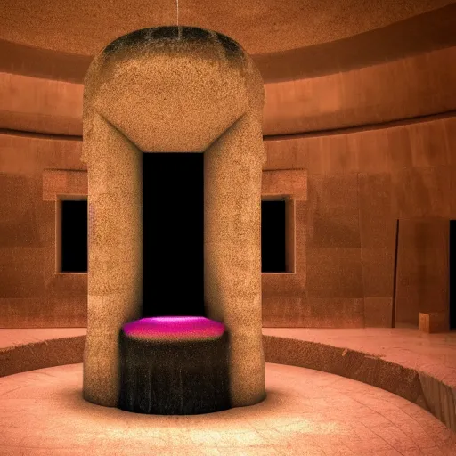 Prompt: houdini render, inside the grand hall of a stunning giant huge brutalist cement palace, a giant floating screaming face made up of swirling colorful glowing particles formed in the center of the room, a huge crowd of people in black cult robes worshiping it, cinema 4 d, volumetric lighting and shadows, fog, 8 k