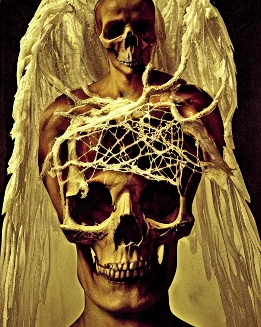 Prompt: an angel with a skull made of meat and webs for the head, megalophobia, dramatic lighting, cinematic, organic painting, dark, bold shapes, by caravaggio, dramatic lighting, horror, blood, god rays, angelical