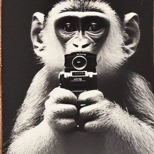 Prompt: Portrait of a monkey holding a camera