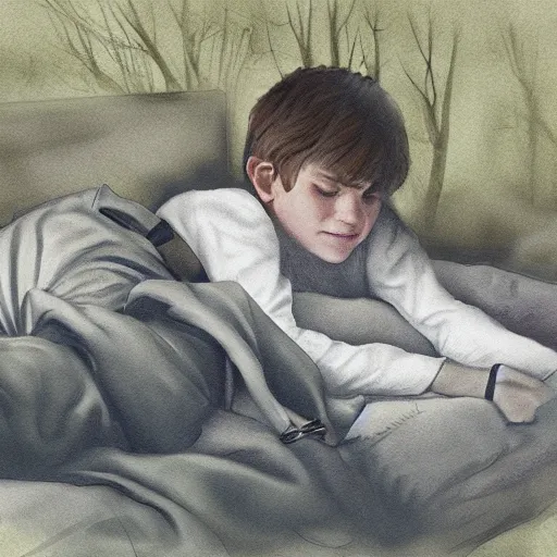 Image similar to a boy dreaming in bed, surrounded by a forest, with his trusty hunting dog and rifle, digital painting, photo - realism, sharp focus