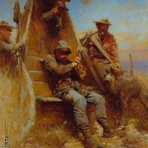 Prompt: Gaston Bussiere painting of tired and battered soldiers looking up and observing the first rays of sunlight