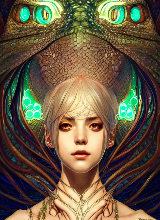 Image similar to symmetry!! portrait of a water dragon woman, very anime, fantasy, dragon scales, glowing lights!! intricate, elegant, highly detailed, digital painting, artstation, concept art, official media, smooth, sharp focus, illustration, art by sakimichan and artgerm and greg rutkowski and alphonse mucha