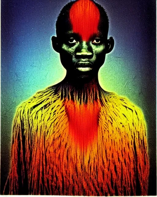 Image similar to a colorful chromatic abberation, 9 0 s toy commercial, double exposure photo from the 7 0 s, polaroid photo of a african tribal warrior, by zdzislaw beksinski, by ernst haeckel