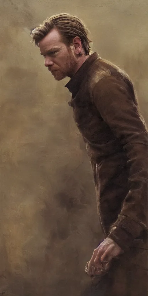 Image similar to we see ewan mcgregor from side. atmospheric feeling, warm colours, brown colours, yellow colours, epic scene, cinematic, very detailed, oil painting