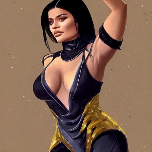 Image similar to full body portrait of kylie jenner as a mortal kombat x ninja character in a leotard, intricate, elegant, highly detailed, digital painting, artstation, concept art, smooth, sharp focus, illustration, art by artgerm and greg rutkowski and alphonse mucha