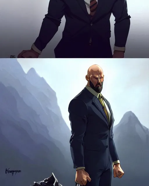 Prompt: gigachad luigi bodybuilder posing like saitama and jason statham wearing a suit in the mountain, fantasy character portrait, ultra realistic, anime key visual, full body concept art like ernest khalimov, intricate details, highly detailed by greg rutkowski, ilya kuvshinov, gaston bussiere, craig mullins, simon bisley