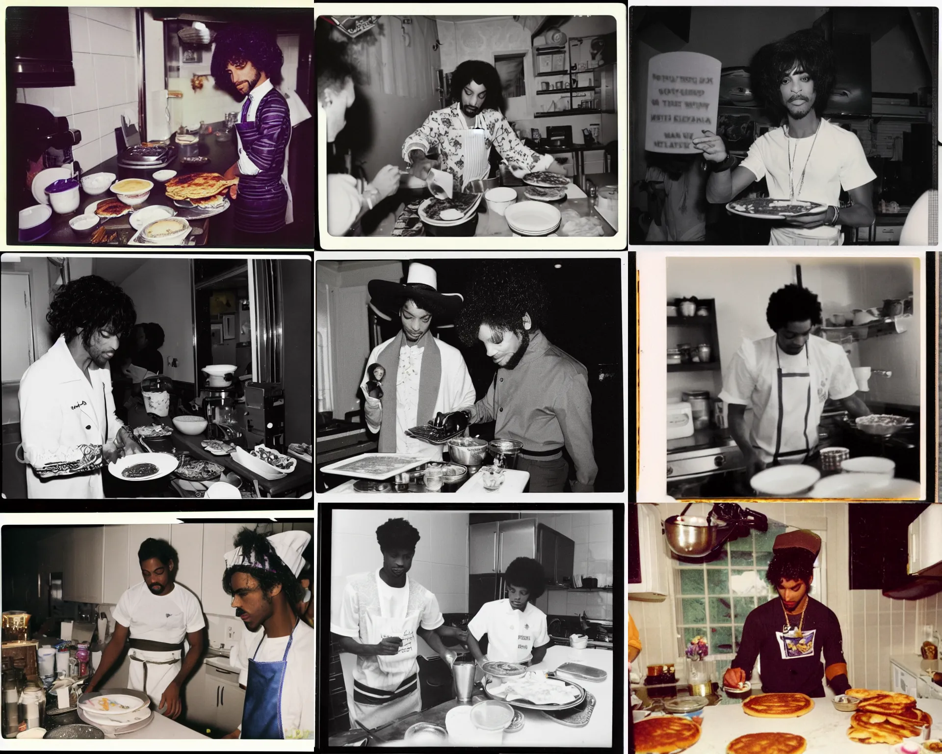 Prompt: close up of prince rogers nelson serving pancakes in his kitchen, polaroid