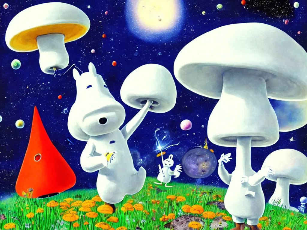 Image similar to moomins in space suits flying around with jetpacks discovering the mushroom planet, photorealistic painting, cgi, low light