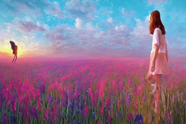 Image similar to giant gladiola head, girl walking in field of flowers, surreal photography, sunrise, blue sky, dramatic light, impressionist painting, digital painting, artstation, simon stalenhag