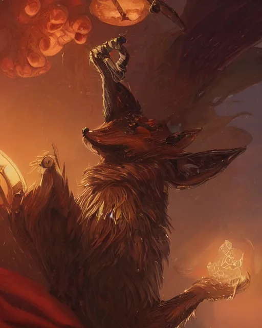 Image similar to Fox, Anthropomorphized, playing harp, magic the gathering artwork, D&D, fantasy, cinematic lighting, centered, symmetrical, highly detailed, digital painting, artstation, concept art, smooth, sharp focus, illustration, volumetric lighting, epic Composition, 8k, art by Akihiko Yoshida and Greg Rutkowski and Craig Mullins, heroic pose, oil painting, cgsociety