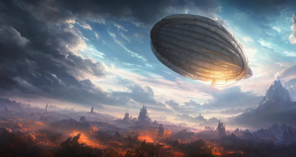 Prompt: An epic fantasy anime style landscape painting of a fantasy airship flying through the clouds towards a city built within a chasm, unreal 5, DAZ, hyperrealistic, octane render, dynamic lighting, vibrant