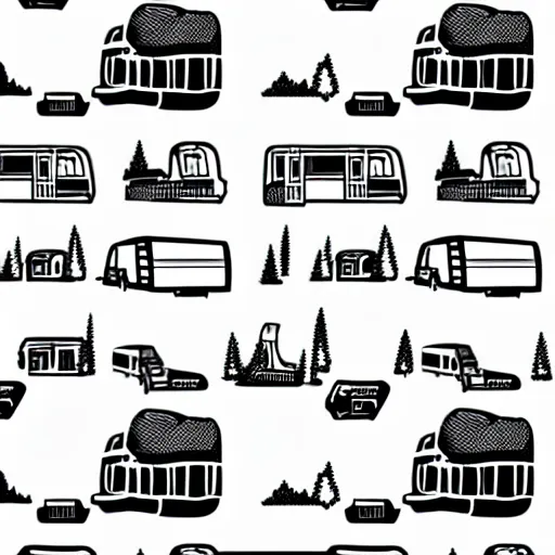 Prompt: stylized line art graphic of a white and black cute thor chateau! motorhome camper!!, mountains, colorful sunset!!, line art by tom whalen