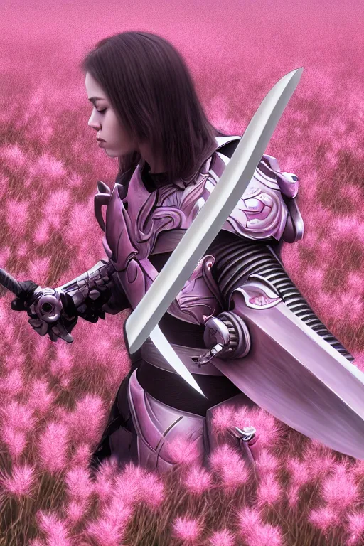 Image similar to illustration cinematic cyborg dragon holding katana in a field of pale pink flowers, highly detailed smooth digital art masterpiece, vitaly bulgarov dramatic light, ground angle uhd 8 k, sharp focus