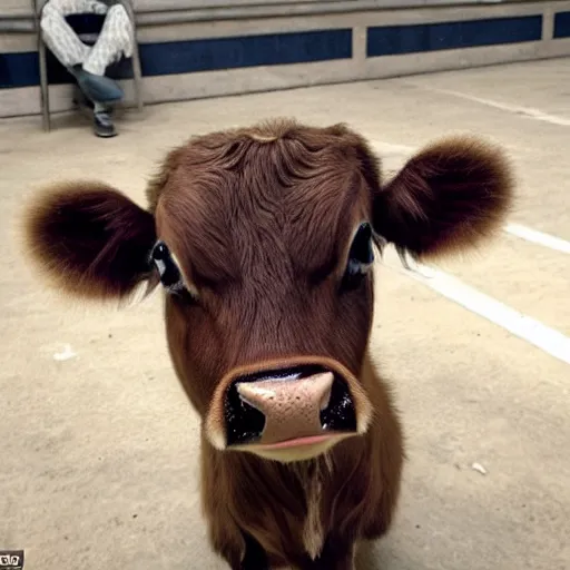 Image similar to cute calf with big eyes dressed as an inmate inside a jailcell