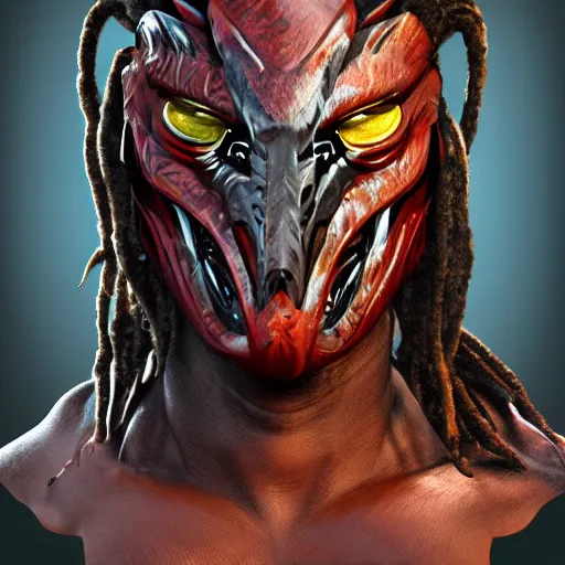 Image similar to predator 1 9 8 7 mask redesign, portrait, highly detailed, dreadlocks, mandables, digital painting, trending on artstation, concept art, illustration