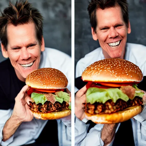 Image similar to kevin bacon profile portrait eating bacon burger soda fries, award winning food photography