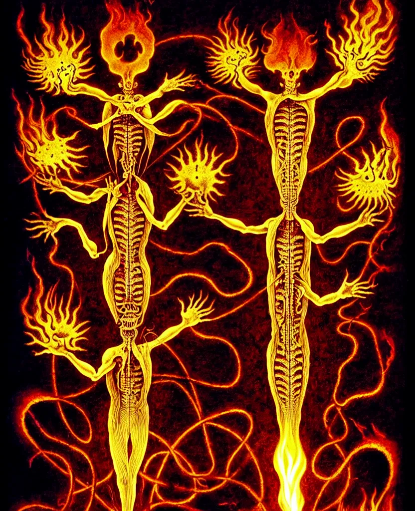 Image similar to fiery freaky creature sings a unique canto about'as above so below'being ignited by the spirit of haeckel and robert fludd, breakthrough is iminent, glory be to the magic within