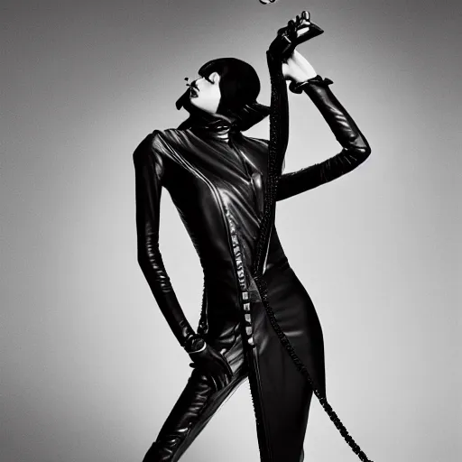 Image similar to fashion photography of an extraterrestrial model, holding a leather whip, wearing demobaza fashion, inside berghain, berlin fashion, harness, futuristic fashion, dark minimal outfit, photo 3 5 mm leica, hyperdetail, berghain, 8 k, very detailed, photo by nick knight