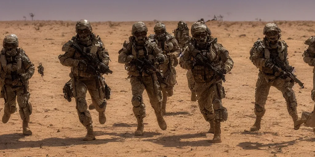 Image similar to a group of soldiers on a rescue mission like the film stargate being chased by a large spider alien on a desert world, telephoto shot, mid day, heat shimmering.