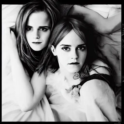 Image similar to emma watson and katy perry photo in the style of sam haskins, on the bed