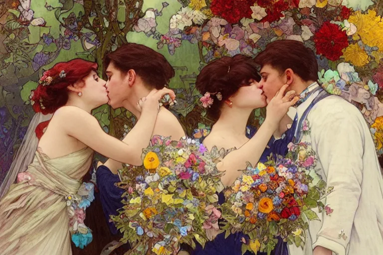 Image similar to the groom kisses the bride at a wedding full of flowers, bright and happy, dreamlike art, highly detail, 4 k realistic, wedding photoy krenz cushart. artem demura. alphonse mucha. yoji shinkawa artgerm. jon lothian. danilo torres. adi meyers. thomas reimann. gaston bussiere.