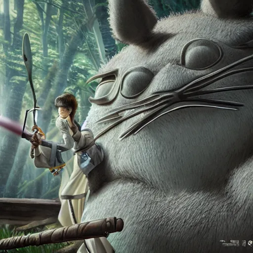 Prompt: totoro jedi slaying with lord, intricate detail, royo, klimt, miro, vallejo, frazetta, giger, whealan, hd, unreal engine,