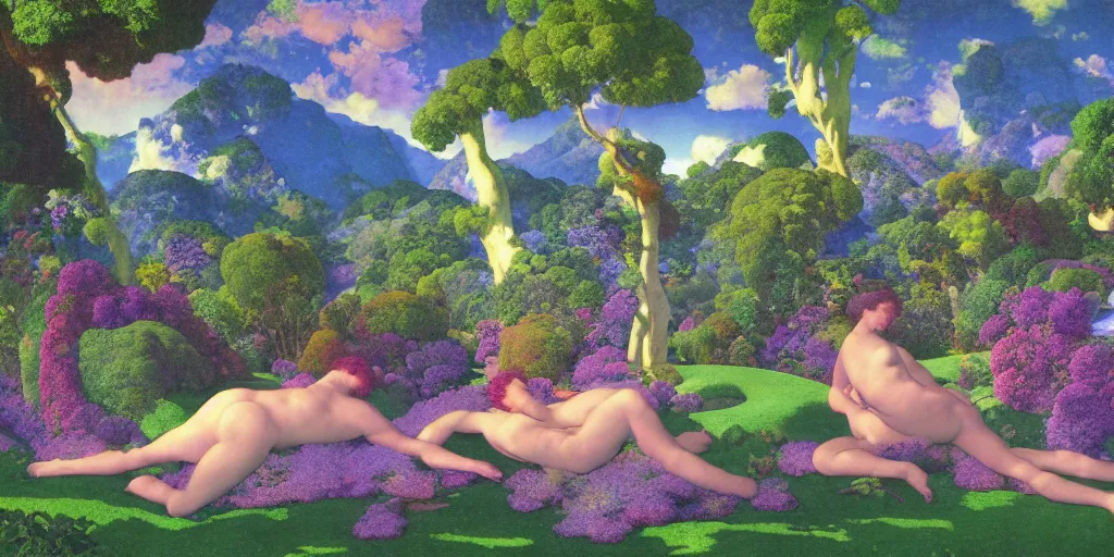 Image similar to a landscape of the Garden of Eden by Maxfield Parrish in a vaporwave style, digital art 8k