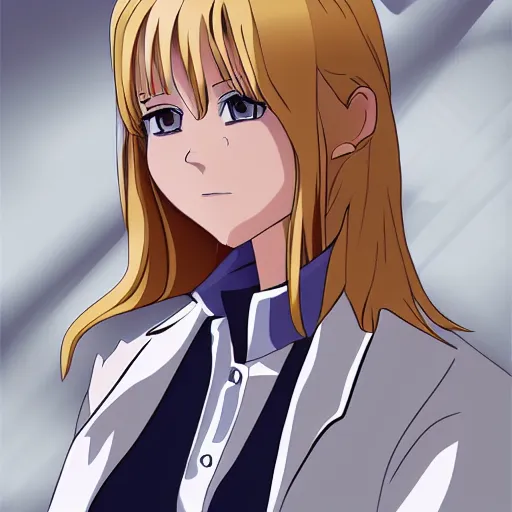 Image similar to A beautiful blonde female scientist, wearing a lab coat, in the style of anime, digital art