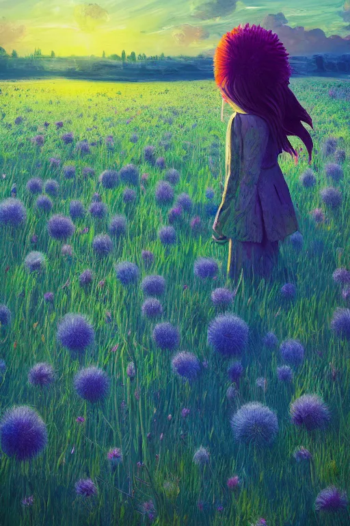 Image similar to portrait, giant thistle flower under head, a girl in a suit in field of flowers, surreal photography, sunrise, blue sky, dramatic light, impressionist painting, digital painting, artstation, simon stalenhag