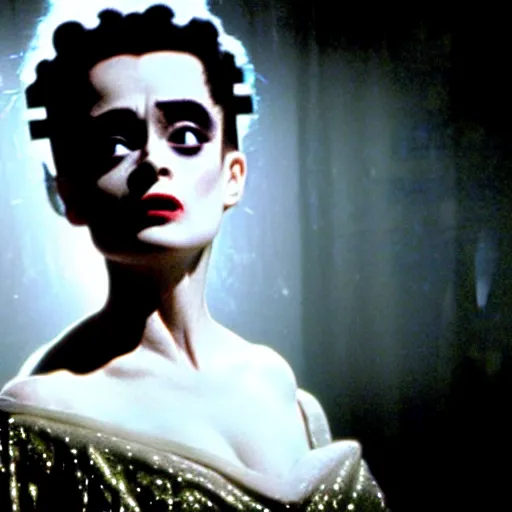 Prompt: cinematic portrait of gentle helena bonham carter as bride of frankenstein as a replicant in a busy nightclub,, still from the movie bladerunner, fashion photography, a sign is in the background, 8 k, high detail, face in focus