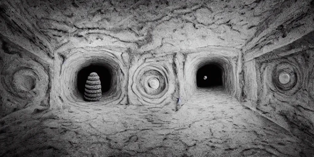 Image similar to nostalgic hyper liminal photo, sponge with many tunnels inside each hole, tunnels lead to different worlds, surreal, ominous creature hiding detailed, high definition, mysterious, low quality photo, surrealist depiction of a normal sponge, trending, m. c. esher