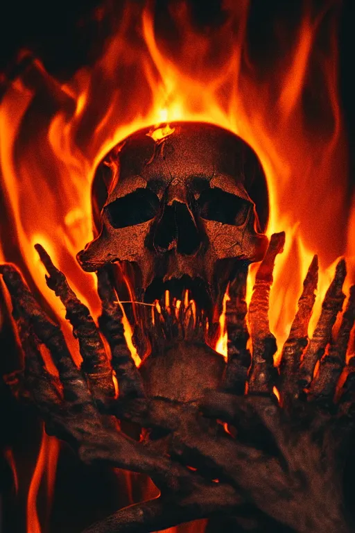 Image similar to photograph of a skull burning while being held up by a skeletal hand photorealistic, hyperdetailed, volumetric light, cinematic, f 8 aperture