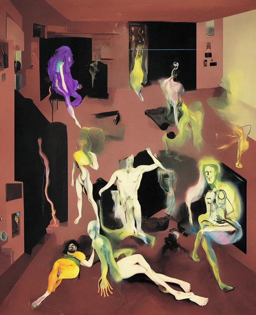 Image similar to Man and woman attached by love in a living room of a house, floating dark energy surrounds the middle of the room. There is one living room plant to the side of the room, surrounded by a background of dark cyber mystic alchemical transmutation heavenless realm, cover artwork by francis bacon and Jenny seville, midnight hour, part by adrian ghenie, part by jeffrey smith, part by josan gonzales, part by norman rockwell, part by phil hale, part by kim dorland, palette knife texture, paint drip, midnight hour, artstation, highly detailed